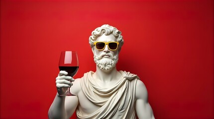 A classical marble statue of a bearded man, reminiscent of a Greek or Roman god, is depicted against a vibrant red background