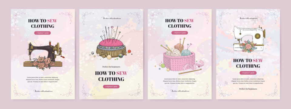Sewing studio banner design set. Workshop knitting flyer with hand drawn vector sew element. Vintage clothing guide, web courses advertisement wallpaper. Dressmaker retro card