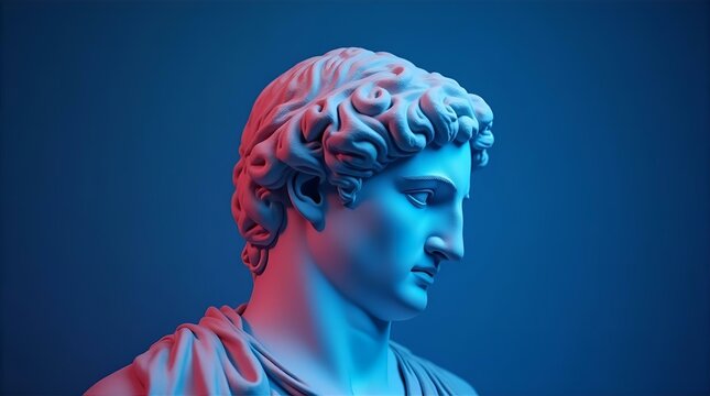 A plaster bust of the Greek god Apollo is dramatically illuminated with vibrant pink and blue neon lights against a dark blue backdrop 