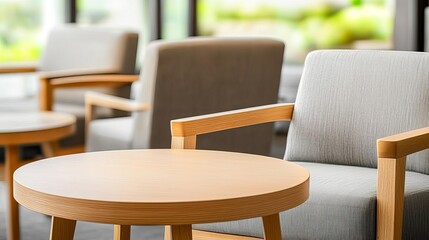 A cozy, modern seating area featuring stylish wooden chairs and a round table, perfect for relaxation or casual meetings in a serene environment.