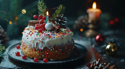 Whimsical Holiday Treat: Round Sponge Cake Dressed in Festive Decorations and Sprinkles