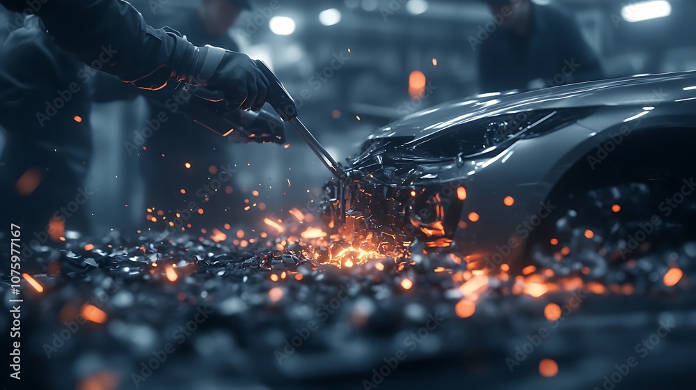 Poster a close-up of a hand working on a car, surrounded by sparks and debris, highlighting the intensity o