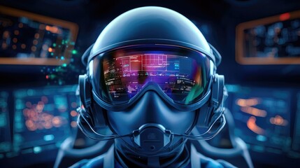 Futuristic Astronaut in Space Helmet with High-Tech Visor Displaying Digital Interface, Exploring Unknown Galaxy with Advanced Technology and Data Analysis