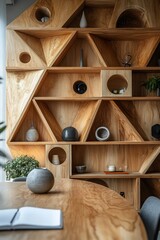 Geometric Wooden Shelves with Triangle and Circle Decor in Modern Study Room Interior