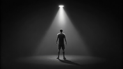 A lone soccer player stands in a spotlight against a dark background