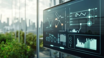 A futuristic display with data visualizations overlooking a cityscape, showcasing graphs, charts, and analytics in a modern setting.