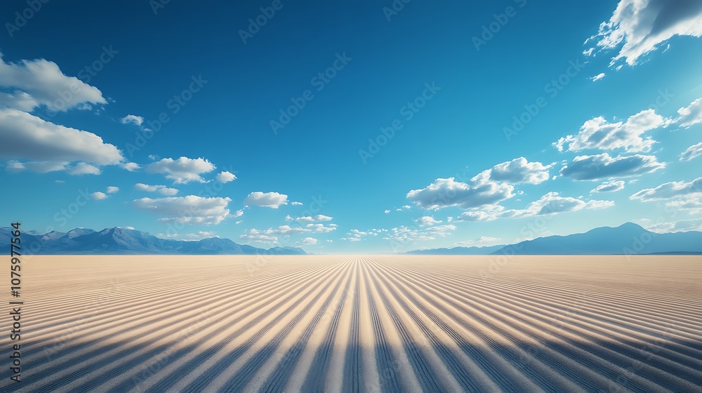 Poster a vast, serene landscape featuring rhythmic patterns in a sandy terrain under a bright blue sky with