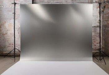 silver backdrop is set up, perfectly prepared for a photography session, enhancing light and focus.
