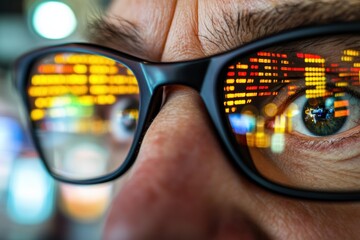 A close up of both eye wearing glasses, reflecting stock trading board.

