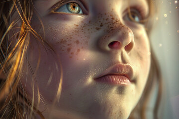 Close-up of a young girl with golden hair and freckles, showcasing her expressive eyes and thoughtful demeanor in soft, dreamy lighting.