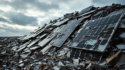 Discarded solar panels in landfill highlighting environmental challenges