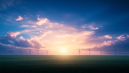 A serene landscape featuring a vibrant sunset, with a figure walking across a grassy field beneath a dramatic sky.