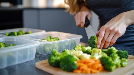 Athletic woman cutting fresh broccoli, filling meal prep containers with healthy ingredients.