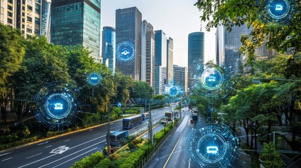 A stylish cityscape showcasing modern skyscrapers, greenery, and digital icons representing technology and connectivity.