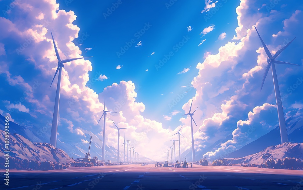 Poster a serene landscape featuring towering wind turbines under a bright blue sky filled with fluffy cloud