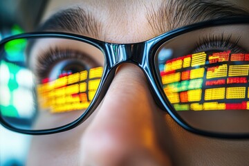 A close up of both eye wearing glasses, reflecting stock trading board.

