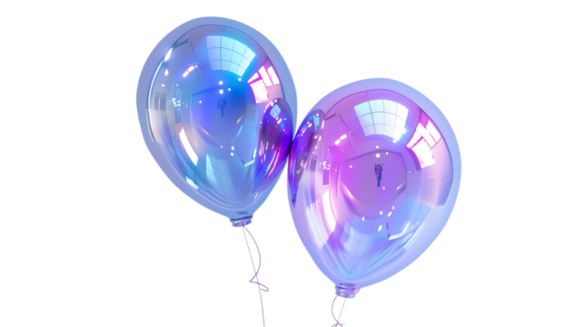 3D render of two balloons in blue and purple hues, with a fluid, holographic iridescent finish with white background