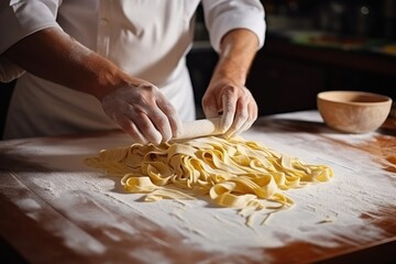 Chef making fresh Italian homemade pasta in closeup