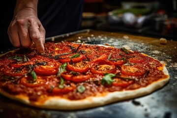 Chef preparing a meal in a pizzeria spreading spicy tomato paste on a raw pizza base