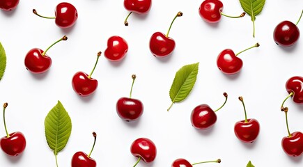 Cherries and leaves in a pattern isolated white background from above