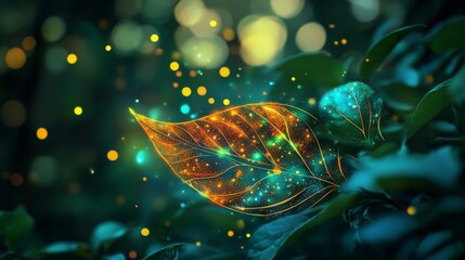 Close-up of Vibrant Orange and Blue Leaf Among Green Leaves in Dreamy Forest Setting with Soft Bokeh.