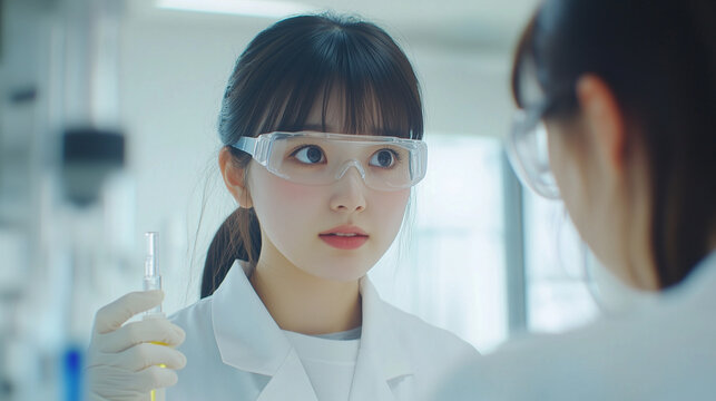 研究室で実験をする女子大学生