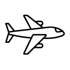Airplane icon with black outline design, Vector illustration of a simple airplane in black outline style, representing air travel, aviation, and transportation.

