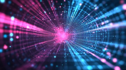Fototapeta premium Futuristic Technological Landscape: Dark Background Tunnel with Pink and Blue Network Lines and Dots Creating Depth and Dimension