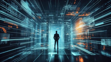 Person in futuristic cityscape, facing away amidst illuminated buildings. Grid-like pattern with blue and orange lights, creating depth and dimension.