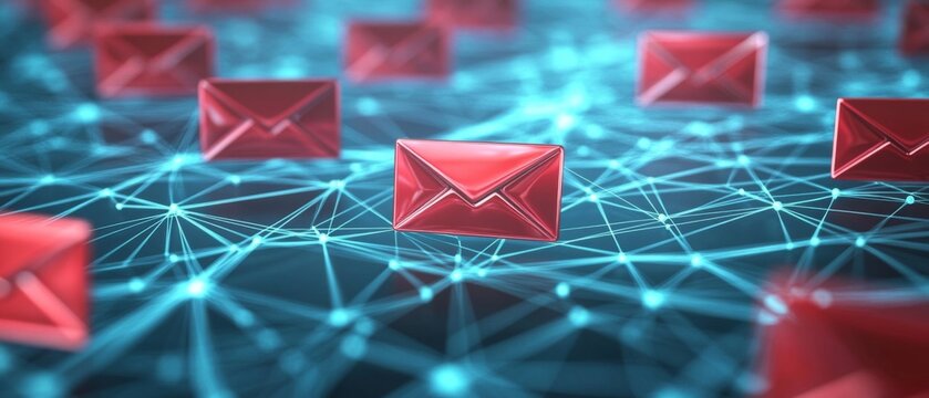 Red envelopes connected by white lines on blue background, creating a 3D network symbolizing email communication.