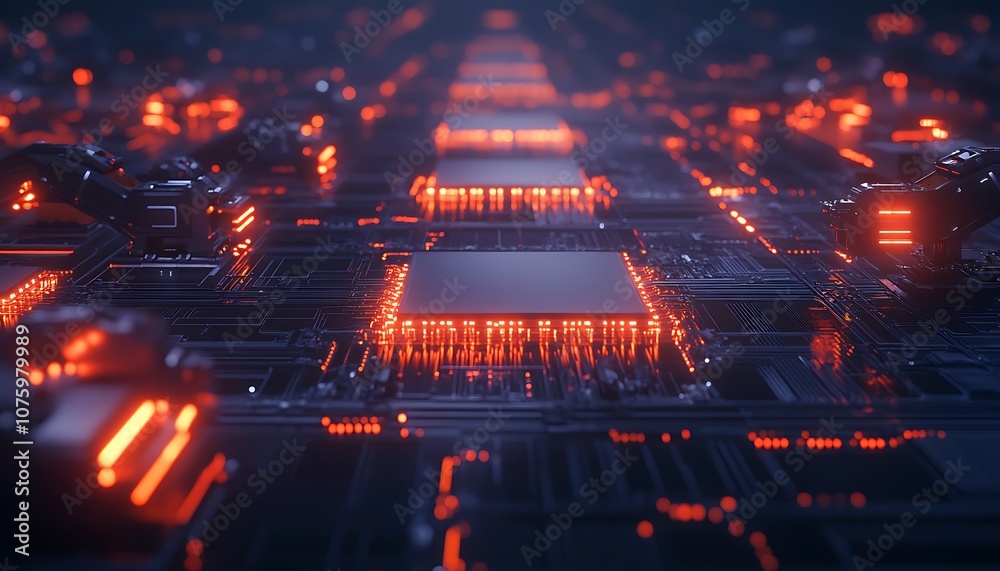 Poster A close-up view of intricate circuitry highlighted in glowing orange and red light, showcasing technological elements in a visually compelling manner.