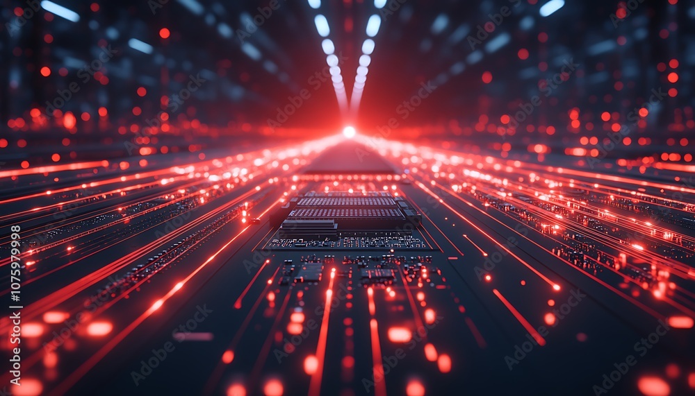 Poster A futuristic view of a microchip surrounded by vibrant red data streams, illustrating advanced technology and digital connectivity.