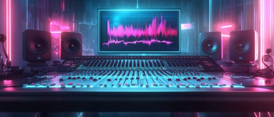 Obraz premium Modern Audio Mixing Console in Recording Studio with Speakers, Lights, Sound Waveform - Futuristic Vibe with Neon Lights.
