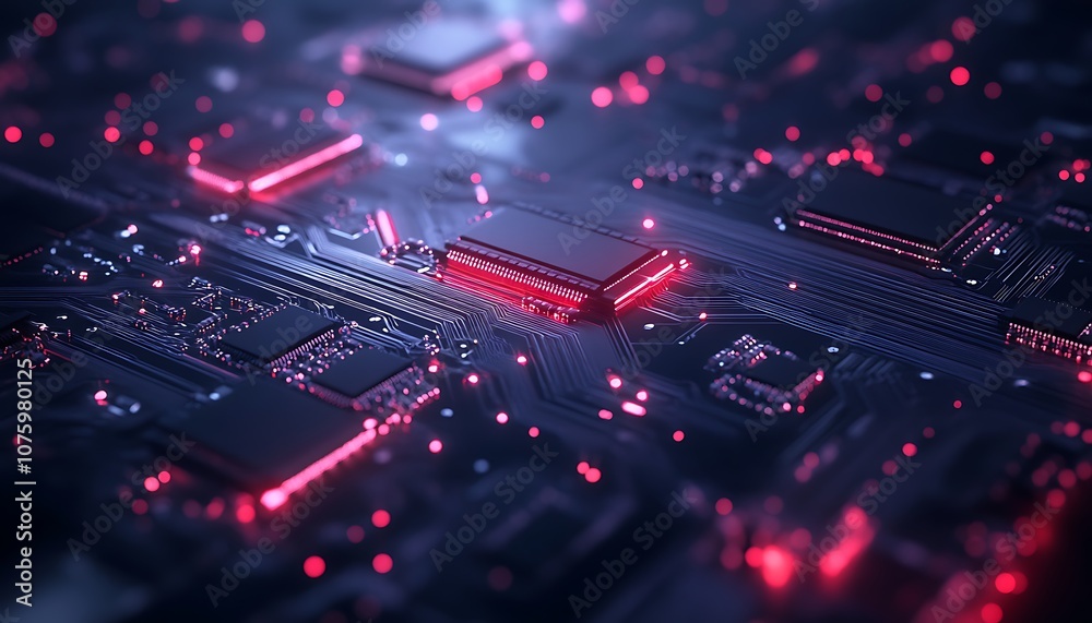 Aufkleber A close-up view of a futuristic circuit board with glowing red elements, emphasizing technology and innovation.