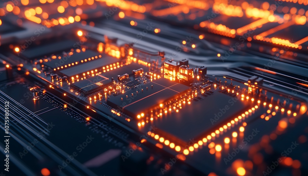 Poster A close-up view of a circuit board illuminated by vibrant orange lights, showcasing intricate electronic pathways and components in a digital landscape.