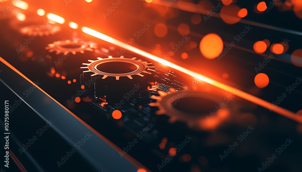 Aufkleber close-up of gears with glowing orange lights, creating a dynamic industrial aesthetic, highlighting 