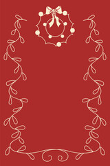 Hand drawn New Year and Christmas greeting card. Festive design with Christmas wreath, garlands. Minimalistic doodle style poster on red background. Perfect for invitations, cards, covers, banners
