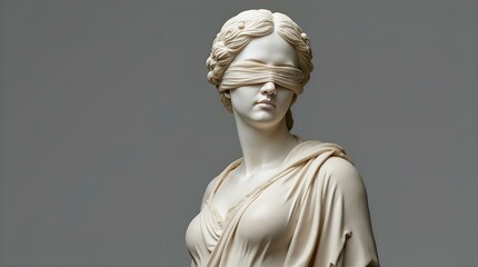 Close-up of a white marble statue of Lady Justice, blindfolded and serene, against a neutral gray background