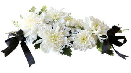 White Chrysanthemum Funeral Flower Arrangement with Black Ribbon