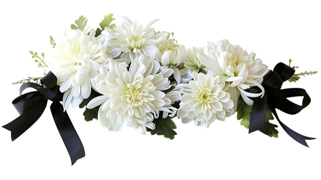 White Chrysanthemum Funeral Flower Arrangement with Black Ribbon
