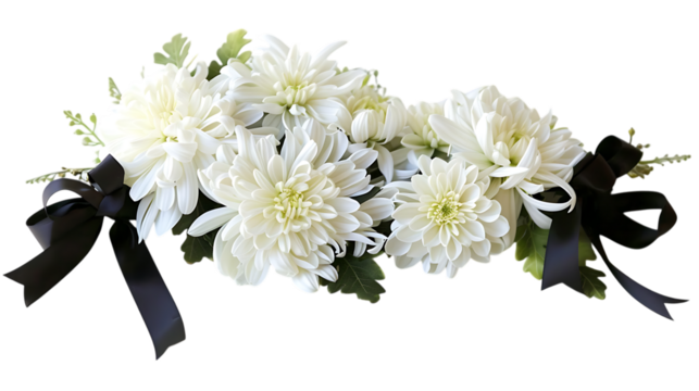 White Chrysanthemum Funeral Flower Arrangement with Black Ribbon