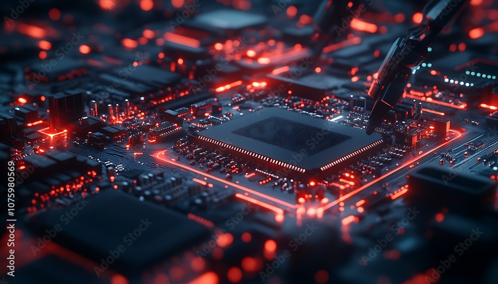 Fototapete A close-up view of a futuristic circuit board glowing with red lights, showcasing intricate microchips and electronic components.