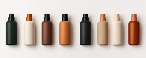 Obraz premium A collection of stylish spray bottles displayed in a row, showcasing diverse colors and designs perfect for beauty and personal care products.