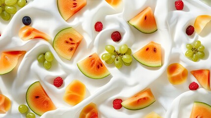 Colorful Assorted Fruits on a Soft White Fabric Background Creating a Fresh and Vibrant Still Life Display with Watermelon, Grapes, and Raspberries