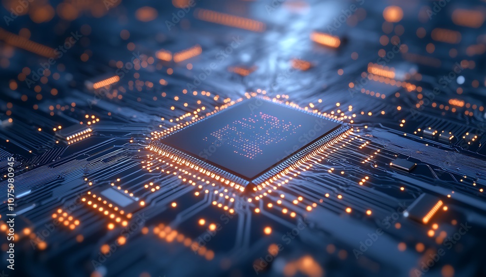 Poster A close-up view of a microchip on a circuit board, featuring illuminated connections and intricate pathways, highlighting advanced technological design.