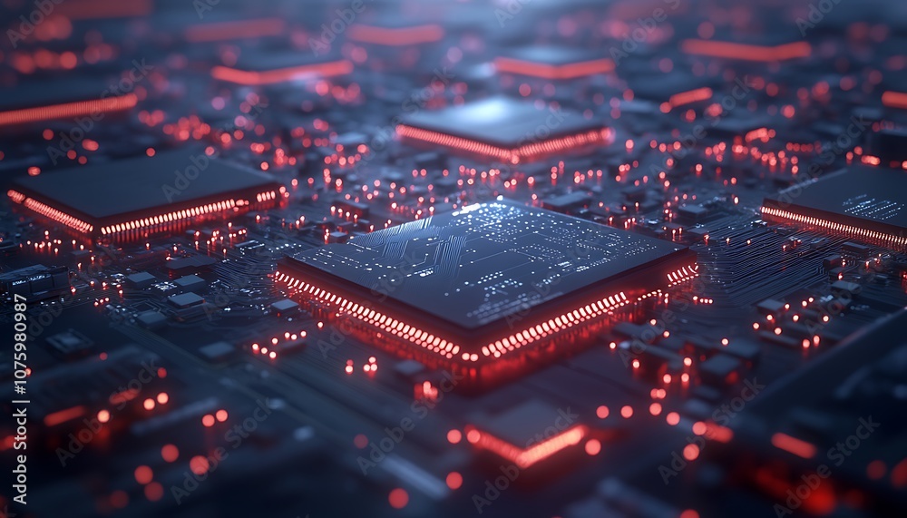 Poster A close-up view of a circuit board featuring glowing chips interconnected by intricate patterns, evoking a sense of advanced technology and innovation.