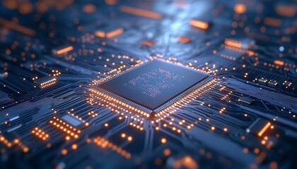 A close-up view of a microchip on a circuit board, featuring illuminated connections and intricate pathways, highlighting advanced technological design.
