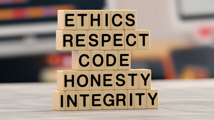 Stack of wooden blocks arranged vertically, each with bold text forming "ETHICS RESPECT CODE HONESTY INTEGRITY." Set against a blurred workspace background, emphasizing foundational values in professi