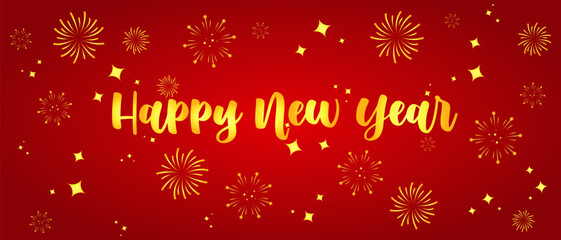 fireworks splash with happy new year text in gold on red background
