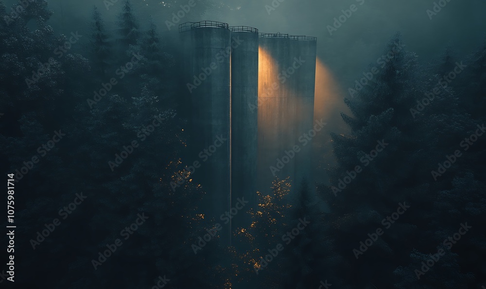 Aufkleber A mysterious structure emerges from a foggy forest, illuminated by soft lights, surrounded by tall trees and an enigmatic atmosphere.